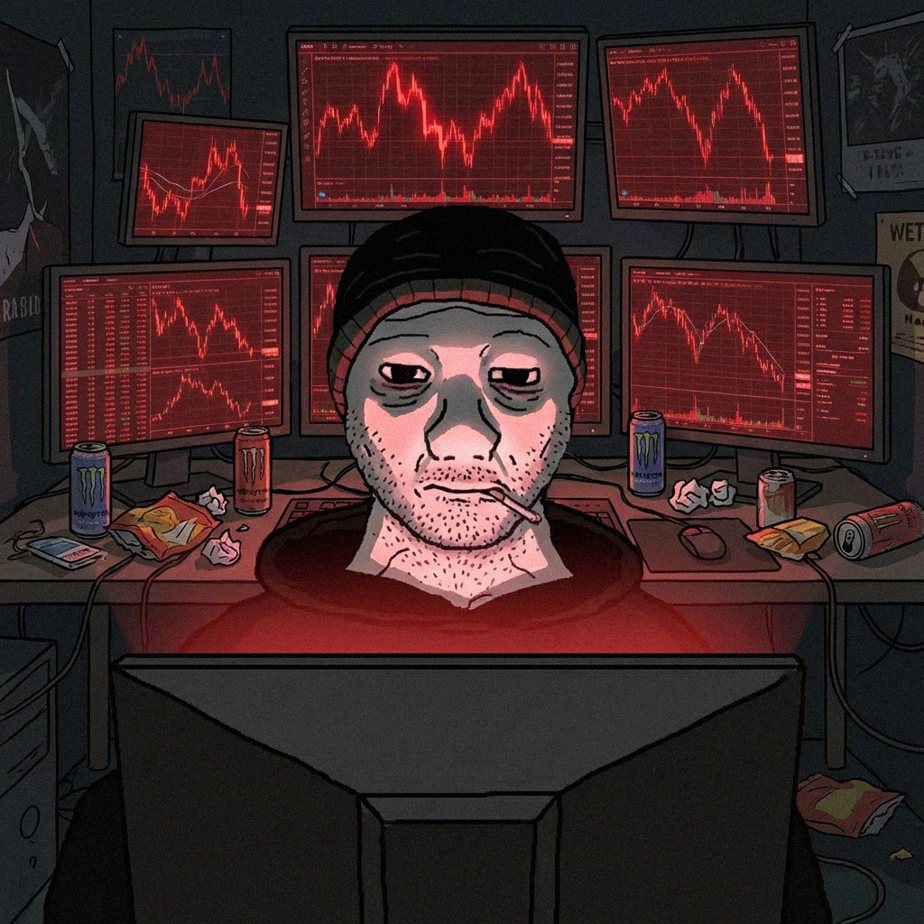 trader staring at red monitors at 3am
